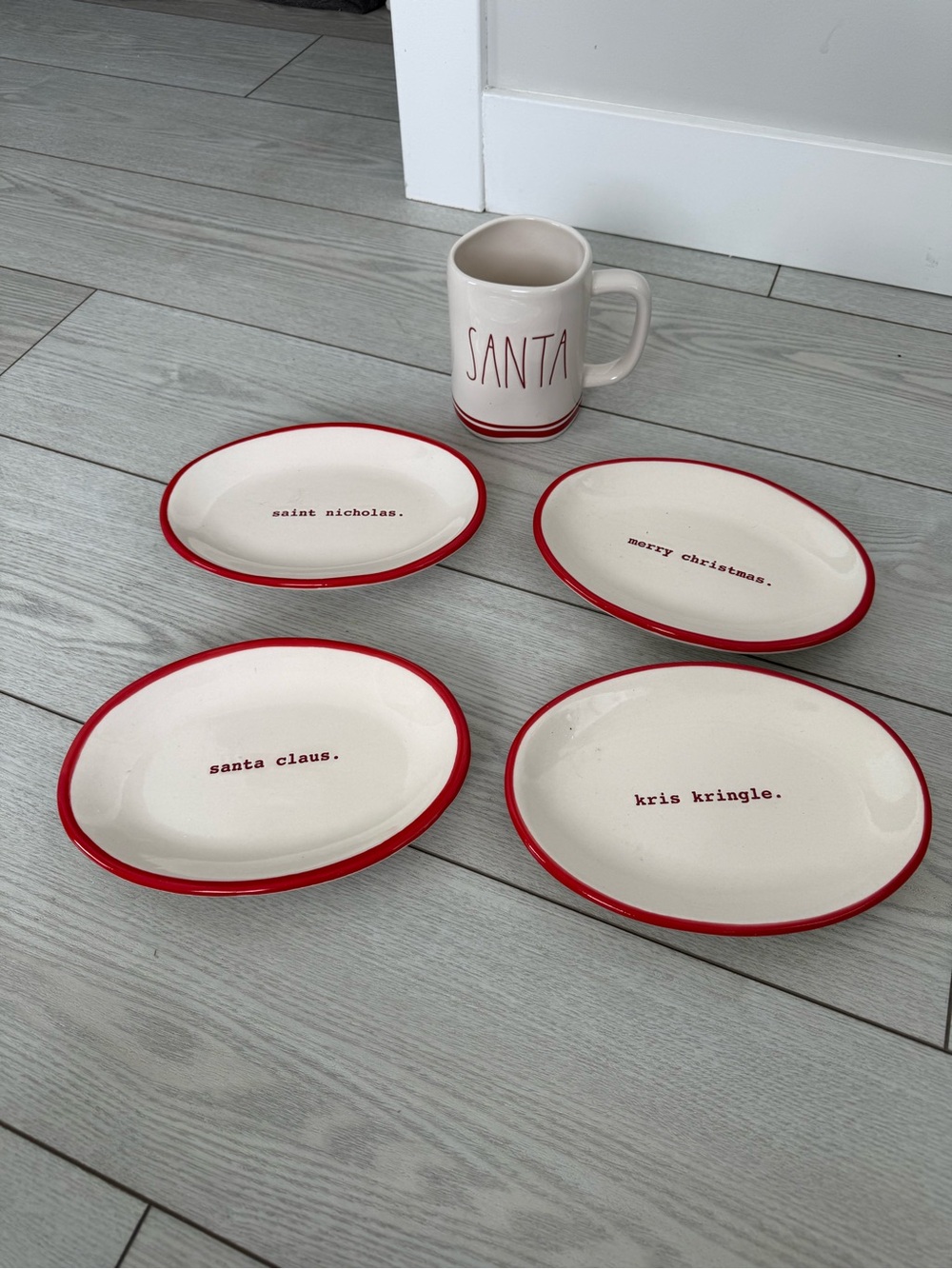 Rae Dunn Christmas mug plates Santa Saint Nicholas white red holidays Kringle